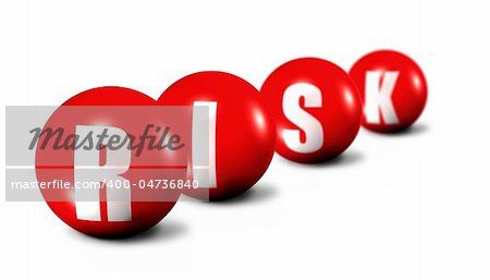 Risk word made of 3D spheres on white background, focus set in foreground