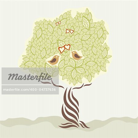 Two love birds and stylized tree vector illustration
