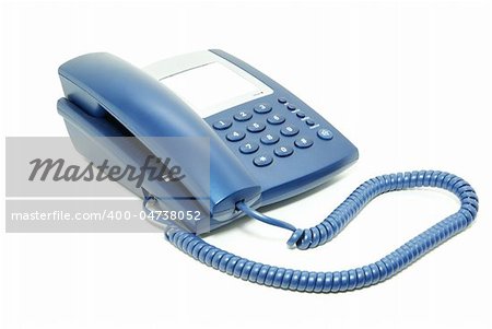 blue office telephone on a white  background