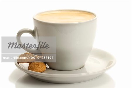 white cup with coffee and amarettini on white background