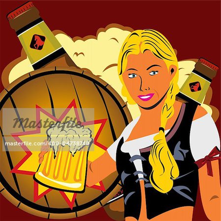 Vector illustration of a young girl with a beer and a barrel and bottles in background