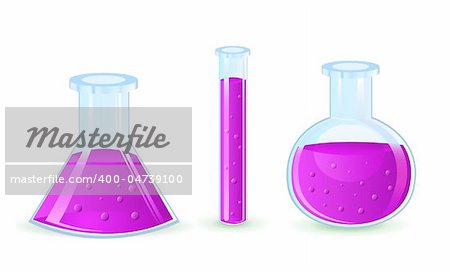 glass flasks with violet substance isolated on white background