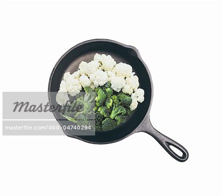 frying pan with vegetables isolated on white