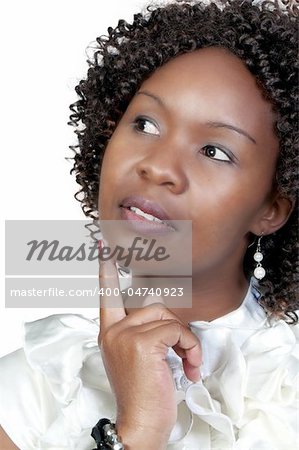 A very beautiful African American woman with a big smile thinking