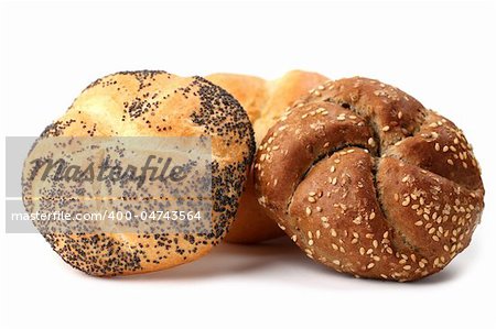 Three different buns isolated on white background. Shallow dof