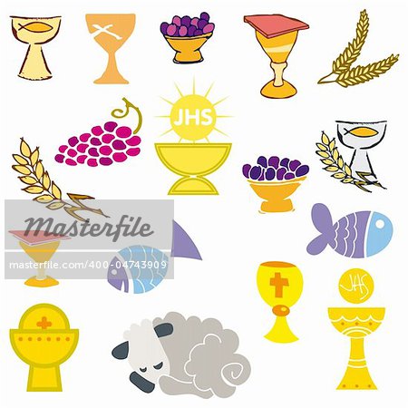 Set of Illustration of a communion depicting traditional Christian symbols including candle (light), chalice, grapes (wine), ear, cross and bread