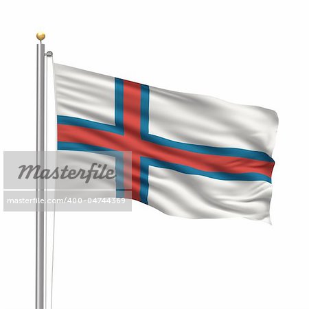 Flag of the Faroe Islands with flag pole waving in the wind over white background