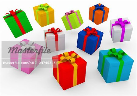 3d blue red gold pink green purple gift box isolated on white background