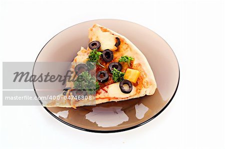 Pizza with olives on plate isolated on white