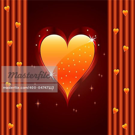 Love heart for valentines day or wedding anniversary. Bright orange on dark brown glowing background and stars. Copy space top and bottom for text.