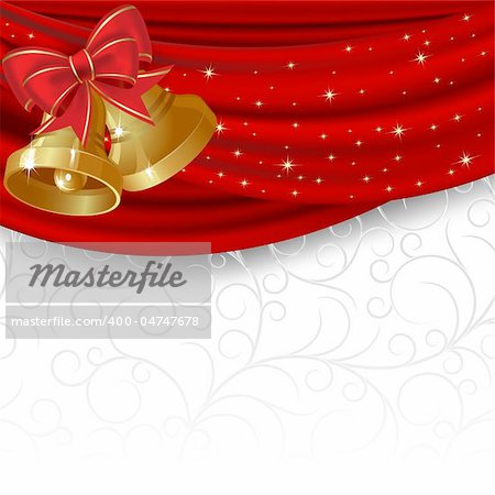 Christmas background with red curtain and gold bell