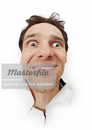 Crazy funny man opened his eyes isolated on a white background