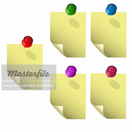 illustration of set of sticky chits with pushpin on isolated background