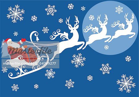Christmas Santa riding on sleigh with reindeer, vector background