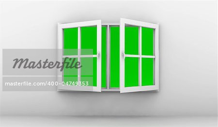 Open white window isolated on a white wall