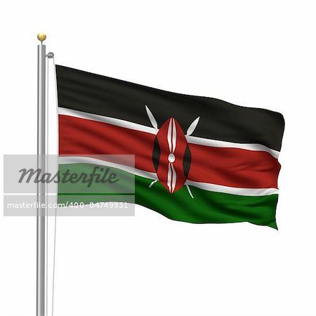 Flag of Kenya with flag pole waving in the wind over white background