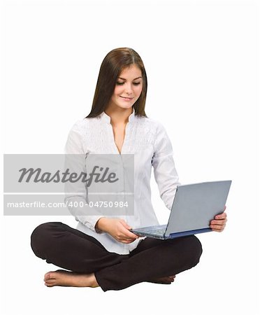 Beautiful student  with laptop,isolated on white background