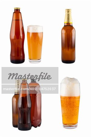 Beer in bottles, glass, set. Isolated on white. Clipping path.