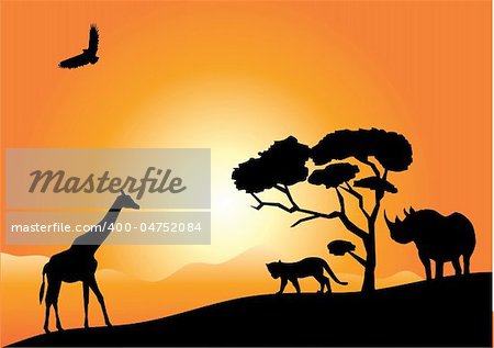 vector illustration of african landscape with animal silhouettes