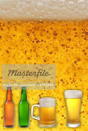 Pints and bottles of beer on beer close-up background