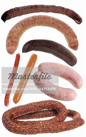 Assembling of different types of sausage isolated on white background