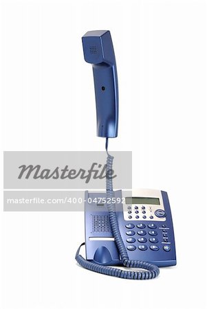 Modern blue business office telephone isolated on a white background.