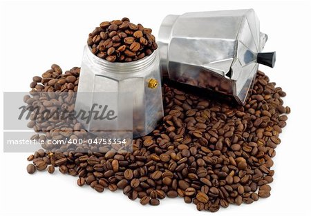 espresso coffee maker on black coffee grain, isolated on white background