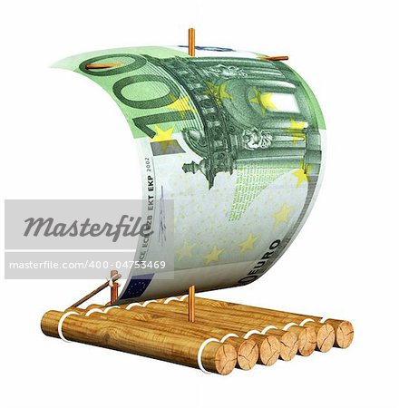 Wooden raft with a sail from a euro. Isolated over white