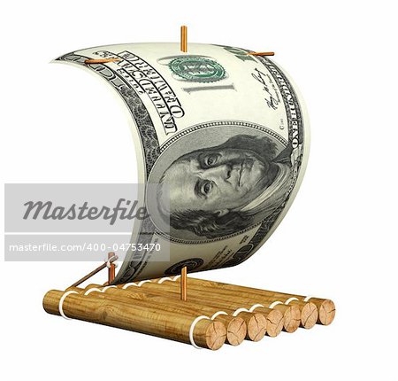 Wooden raft with a sail from a dollar. Isolated over white