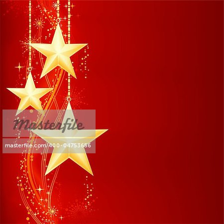 Festive red golden Christmas background with golden stars, snow flakes and grunge elements.