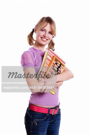 Studying cheerful young woman reading her book for school. Woman with books