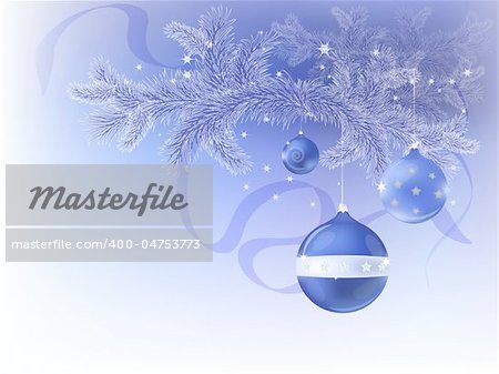 Decorative Christmas, New Year, postcard with blue balls, vector illustration.