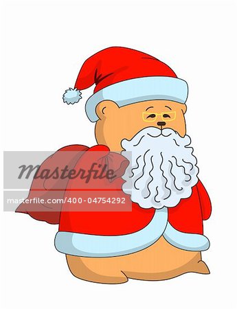 Cheerful Santa Claus-pillow in red fur coat and cap, in eyeglasses, with a bag of gifts