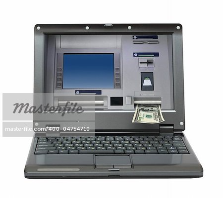 small laptop with cash dispense on screen