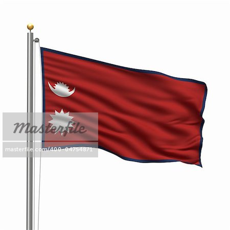 Flag of Nepal with flag pole waving in the wind over white background