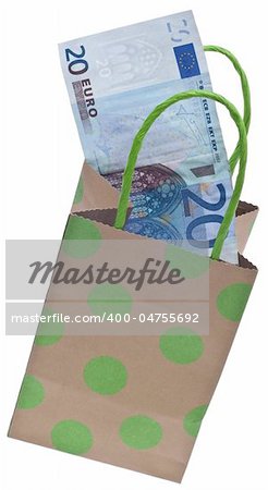 Money and a Gift Bag Symbolize a Gift Giving Budget Concept.  Isolated on White with a Clipping Path.