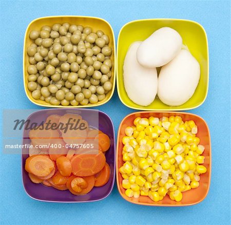 Vibrant Canned Vegetables in Bright Bowls on a blue background including corn, peas, potatoes, and carrots.