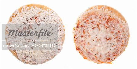 Frozen Pizza Raw and Cooked.  Isolated on White with a Clipping Path.