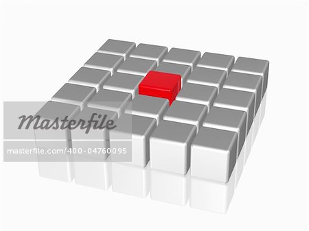 group of 3d white-grey cubes with one big red in the middle