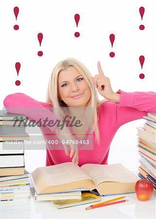 young pretty smart woman with lots of books reading and study. isolated on white background