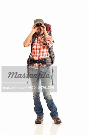 Hiker looking through binoculars