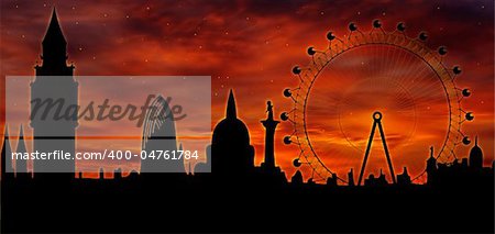 Image of the panorama of London - Big Ben, Big Wheel - at twilight
