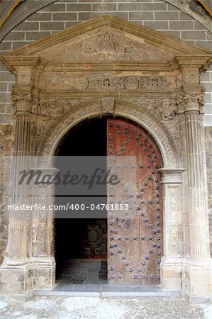 Anso Romanesque door arch in church Pyrenees Aragon spain