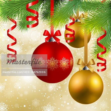 christmas background with red and golden baubles and fir tree