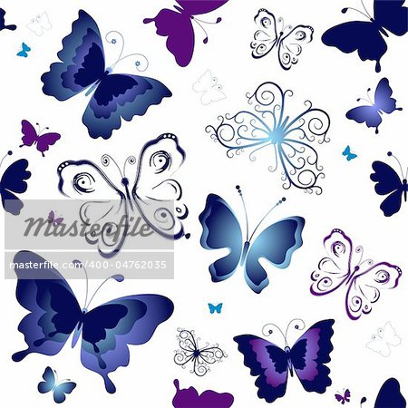 Seamless white pattern with blue and violet butterflies (vector)