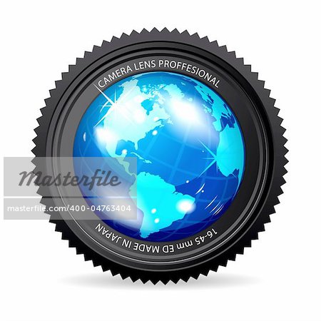 Zoom the World! Vector illustration of camera lens with Globe