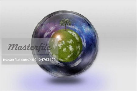 Green globe inside transparent container