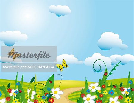 The sun over a flourishing meadow. Vector illustration. Vector art in Adobe illustrator EPS format, compressed in a zip file. The different graphics are all on separate layers so they can easily be moved or edited individually. The document can be scaled to any size without loss of quality