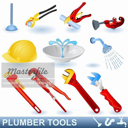 A collection of different plumber tools, with shower and a sink
