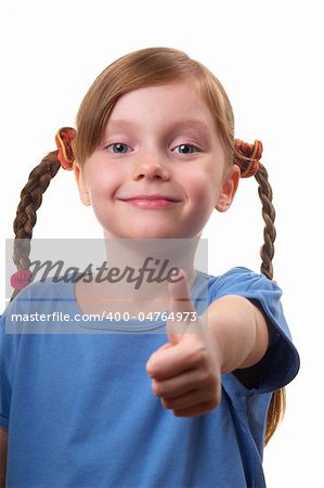 Funny smiling little girl portrait isolated over white background (big thumb up)